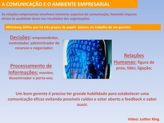 A COMUNICAÇÃO E O AMBIENTE EMPRESARIAL 
As relações empresariais envolvem inúmeros aspectos da comunicação, havendo impacto 
direto da qualidade desta nos resultados das organizações. 
Mintzberg define que há três grupos de papéis básicos no trabalho de um gerente; 
Decisões: empreendedor, 
controlador, administrador de 
recursos e negociador; 
Um bom gerente é preciso ter grande habilidade para estabelecer uma 
comunicação eficaz evitando possíveis ruídos e estar aberto a feedback e saber 
ouvir. 
Processamento de 
Informações: monitor, 
disseminador e porta-voz; 
Relações 
Humanas: figura de 
proa, líder, ligação; 
Vídeo: Luther King 
 