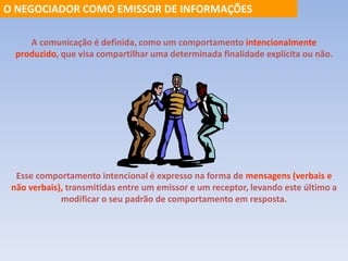 O NEGOCIADOR COMO EMISSOR DE INFORMAÇÕES 
A comunicação é definida, como um comportamento intencionalmente 
produzido, que visa compartilhar uma determinada finalidade explícita ou não. 
Esse comportamento intencional é expresso na forma de mensagens (verbais e 
não verbais), transmitidas entre um emissor e um receptor, levando este último a 
modificar o seu padrão de comportamento em resposta. 
 