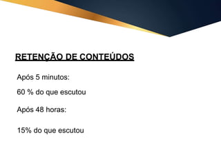RETENÇÃO DE CONTEÚDOS
Após 5 minutos:
60 % do que escutou
Após 48 horas:
15% do que escutou
 