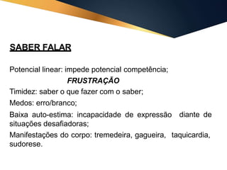 SABER FALAR
Potencial linear: impede potencial competência;
FRUSTRAÇÃO
Timidez: saber o que fazer com o saber;
Medos: erro/branco;
Baixa auto-estima: incapacidade de expressão
situações desafiadoras;
diante de
Manifestações do corpo: tremedeira, gagueira, taquicardia,
sudorese.
 