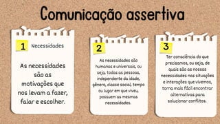 Comunicação assertiva
Necessidades
1 2 3
As necessidades são
humanas e universais, ou
seja, todas as pessoas,
independente da idade,
gênero, classe social, tempo
ou lugar em que viveu,
possuem as mesmas
necessidades.
Ter consciência do que
precisamos, ou seja, de
quais são as nossas
necessidades nas situações
e interações que vivemos,
torna mais fácil encontrar
alternativas para
solucionar conflitos.
As necessidades
são as
motivações que
nos levam a fazer,
falar e escolher.
 