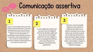 Comunicação assertiva
A comunicação não violenta, por
sua vez, é uma estratégia de
controle de atitudes e ações que
deriva de uma comunicação
assertiva. Tem como objetivo o
foco na resolução de conflitos a
partir da prática de uma
linguagem mais efetiva, sem
julgamentos.
Promover uma comunicação
assertiva e não violenta no
ambiente de trabalho é um
desafio constante, uma vez que
cada um de nós pensa e age de
forma diferente. Entretanto, o
desenvolvimento dessa conduta
estimula o conflito saudável de
ideias, a diversidade, o respeito a
emoções e sentimentos e o
trabalho em equipe.
A palavra assertividade origina-se do latim
assertus, que significa afirmar. Trata-se da
capacidade que o sujeito tem de afirmar o
que pensa e sente de uma forma direta e
objetiva, mas sem desrespeitar as
necessidades e os pensamentos dos outros.
O profissional assertivo desempenha com
maior clareza e concisão suas ideias,
desenvolve a empatia e a observação não só
por si próprio, mas pelo outro.
1 2
3
 