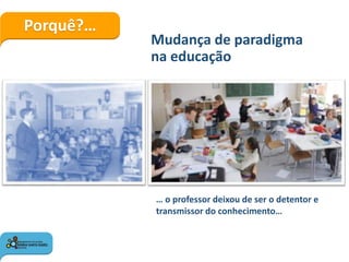 Porquê?…
Mudança de paradigma
na educação
… o professor deixou de ser o detentor e
transmissor do conhecimento…
 