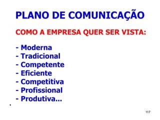 117
PLANO DE COMUNICAÇÃO
COMO A EMPRESA QUER SER VISTA:
- Moderna
- Tradicional
- Competente
- Eficiente
- Competitiva
- Profissional
- Produtiva...

 