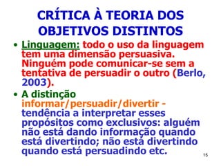 15
CRÍTICA À TEORIA DOS
OBJETIVOS DISTINTOS
• Linguagem: todo o uso da linguagem
tem uma dimensão persuasiva.
Ninguém pode comunicar-se sem a
tentativa de persuadir o outro (Berlo,
2003).
• A distinção
informar/persuadir/divertir -
tendência a interpretar esses
propósitos como exclusivos: alguém
não está dando informação quando
está divertindo; não está divertindo
quando está persuadindo etc.
 