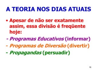 16
A TEORIA NOS DIAS ATUAIS
• Apesar de não ser exatamente
assim, essa divisão é freqüente
hoje:
- Programas Educativos (informar)
- Programas de Diversão (divertir)
- Propagandas (persuadir)
 