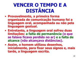 22
VENCER O TEMPO E A
DISTÂNCIA
• Provavelmente, a primeira forma
organizada de comunicação humana foi a
linguagem oral, acompanhada ou não pela
linguagem gestual.
• Entretanto, a linguagem oral sofreu duas
limitações: a falta de permanência (o que
se falava ficava perdido no ar) e a falta de
alcance (não alcançava distâncias).
• Assim, o homem utilizou desenhos,
inicialmente, para fixar seus signos e, mais
tarde, a linguagem escrita.
 
