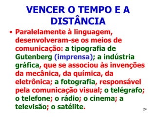 24
VENCER O TEMPO E A
DISTÂNCIA
• Paralelamente à linguagem,
desenvolveram-se os meios de
comunicação: a tipografia de
Gutenberg (imprensa); a indústria
gráfica, que se associou às invenções
da mecânica, da química, da
eletrônica; a fotografia, responsável
pela comunicação visual; o telégrafo;
o telefone; o rádio; o cinema; a
televisão; o satélite.
 