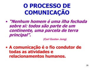 26
O PROCESSO DE
COMUNICAÇÃO
• “Nenhum homem é uma ilha fechada
sobre si: todos são parte de um
continente, uma parcela de terra
principal”.
(Carl Gustav Jung)
• A comunicação é o fio condutor de
todas as atividades e
relacionamentos humanos.
 