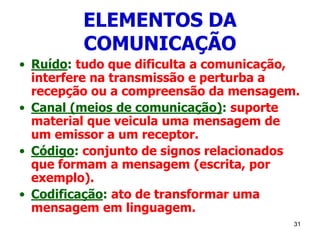 31
ELEMENTOS DA
COMUNICAÇÃO
• Ruído: tudo que dificulta a comunicação,
interfere na transmissão e perturba a
recepção ou a compreensão da mensagem.
• Canal (meios de comunicação): suporte
material que veicula uma mensagem de
um emissor a um receptor.
• Código: conjunto de signos relacionados
que formam a mensagem (escrita, por
exemplo).
• Codificação: ato de transformar uma
mensagem em linguagem.
 