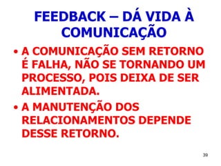 39
FEEDBACK – DÁ VIDA À
COMUNICAÇÃO
• A COMUNICAÇÃO SEM RETORNO
É FALHA, NÃO SE TORNANDO UM
PROCESSO, POIS DEIXA DE SER
ALIMENTADA.
• A MANUTENÇÃO DOS
RELACIONAMENTOS DEPENDE
DESSE RETORNO.
 