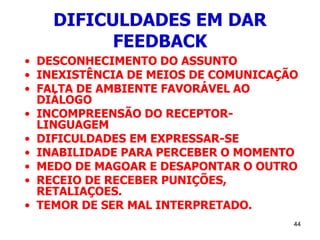 44
DIFICULDADES EM DAR
FEEDBACK
• DESCONHECIMENTO DO ASSUNTO
• INEXISTÊNCIA DE MEIOS DE COMUNICAÇÃO
• FALTA DE AMBIENTE FAVORÁVEL AO
DIÁLOGO
• INCOMPREENSÃO DO RECEPTOR-
LINGUAGEM
• DIFICULDADES EM EXPRESSAR-SE
• INABILIDADE PARA PERCEBER O MOMENTO
• MEDO DE MAGOAR E DESAPONTAR O OUTRO
• RECEIO DE RECEBER PUNIÇÕES,
RETALIAÇOES.
• TEMOR DE SER MAL INTERPRETADO.
 