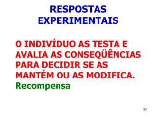 53
RESPOSTAS
EXPERIMENTAIS
O INDIVÍDUO AS TESTA E
AVALIA AS CONSEQÜÊNCIAS
PARA DECIDIR SE AS
MANTÉM OU AS MODIFICA.
Recompensa
 