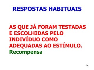 54
RESPOSTAS HABITUAIS
AS QUE JÁ FORAM TESTADAS
E ESCOLHIDAS PELO
INDIVÍDUO COMO
ADEQUADAS AO ESTÍMULO.
Recompensa
 