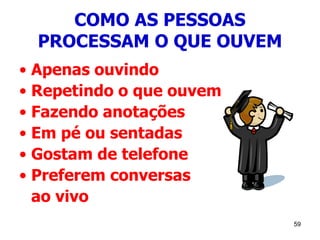 59
COMO AS PESSOAS
PROCESSAM O QUE OUVEM
• Apenas ouvindo
• Repetindo o que ouvem
• Fazendo anotações
• Em pé ou sentadas
• Gostam de telefone
• Preferem conversas
ao vivo
 