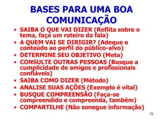 72
BASES PARA UMA BOA
COMUNICAÇÃO
• SAIBA O QUE VAI DIZER (Reflita sobre o
tema, faça um roteiro da fala)
• A QUEM VAI SE DIRIGIR? (Adeque o
conteúdo ao perfil do público-alvo)
• DETERMINE SEU OBJETIVO (Meta)
• CONSULTE OUTRAS PESSOAS (Busque a
cumplicidade de amigos e profissionais
confiáveis)
• SAIBA COMO DIZER (Método)
• ANALISE SUAS AÇÕES (Exemplo é vital)
• BUSQUE COMPREENSÃO (Faça-se
compreendido e compreenda, também)
• COMPARTILHE (Não sonegue informação)
 