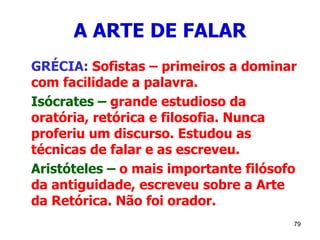 79
A ARTE DE FALAR
GRÉCIA: Sofistas – primeiros a dominar
com facilidade a palavra.
Isócrates – grande estudioso da
oratória, retórica e filosofia. Nunca
proferiu um discurso. Estudou as
técnicas de falar e as escreveu.
Aristóteles – o mais importante filósofo
da antiguidade, escreveu sobre a Arte
da Retórica. Não foi orador.
 