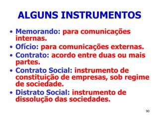 90
ALGUNS INSTRUMENTOS
• Memorando: para comunicações
internas.
• Ofício: para comunicações externas.
• Contrato: acordo entre duas ou mais
partes.
• Contrato Social: instrumento de
constituição de empresas, sob regime
de sociedade.
• Distrato Social: instrumento de
dissolução das sociedades.
 