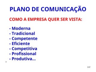 117
PLANO DE COMUNICAÇÃO
COMO A EMPRESA QUER SER VISTA:
- Moderna
- Tradicional
- Competente
- Eficiente
- Competitiva
- Profissional
- Produtiva...

 