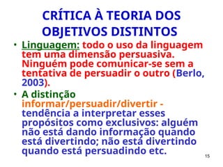15
CRÍTICA À TEORIA DOS
OBJETIVOS DISTINTOS
• Linguagem: todo o uso da linguagem
tem uma dimensão persuasiva.
Ninguém pode comunicar-se sem a
tentativa de persuadir o outro (Berlo,
2003).
• A distinção
informar/persuadir/divertir -
tendência a interpretar esses
propósitos como exclusivos: alguém
não está dando informação quando
está divertindo; não está divertindo
quando está persuadindo etc.
 