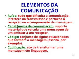 31
ELEMENTOS DA
COMUNICAÇÃO
• Ruído: tudo que dificulta a comunicação,
interfere na transmissão e perturba a
recepção ou a compreensão da mensagem.
• Canal (meios de comunicação): suporte
material que veicula uma mensagem de
um emissor a um receptor.
• Código: conjunto de signos relacionados
que formam a mensagem (escrita, por
exemplo).
• Codificação: ato de transformar uma
mensagem em linguagem.
 