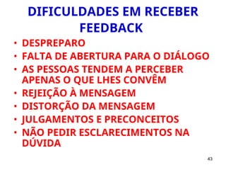 43
DIFICULDADES EM RECEBER
FEEDBACK
• DESPREPARO
• FALTA DE ABERTURA PARA O DIÁLOGO
• AS PESSOAS TENDEM A PERCEBER
APENAS O QUE LHES CONVÊM
• REJEIÇÃO À MENSAGEM
• DISTORÇÃO DA MENSAGEM
• JULGAMENTOS E PRECONCEITOS
• NÃO PEDIR ESCLARECIMENTOS NA
DÚVIDA
 