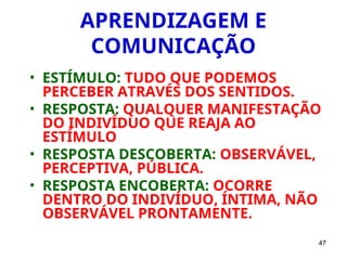 47
APRENDIZAGEM E
COMUNICAÇÃO
• ESTÍMULO: TUDO QUE PODEMOS
PERCEBER ATRAVÉS DOS SENTIDOS.
• RESPOSTA: QUALQUER MANIFESTAÇÃO
DO INDIVÍDUO QUE REAJA AO
ESTÍMULO
• RESPOSTA DESCOBERTA: OBSERVÁVEL,
PERCEPTIVA, PÚBLICA.
• RESPOSTA ENCOBERTA: OCORRE
DENTRO DO INDIVÍDUO, ÍNTIMA, NÃO
OBSERVÁVEL PRONTAMENTE.
 