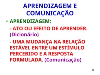 49
APRENDIZAGEM E
COMUNICAÇÃO
• APRENDIZAGEM:
- ATO OU EFEITO DE APRENDER.
(Dicionário)
- UMA MUDANÇA NA RELAÇÃO
ESTÁVEL ENTRE UM ESTÍMULO
PERCEBIDO E A RESPOSTA
FORMULADA. (Comunicação)
 