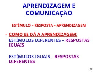 50
APRENDIZAGEM E
COMUNICAÇÃO
ESTÍMULO – RESPOSTA – APRENDIZAGEM
• COMO SE DÁ A APRENDIZAGEM:
ESTÍMULOS DIFERENTES – RESPOSTAS
IGUAIS
ESTÍMULOS IGUAIS – RESPOSTAS
DIFERENTES
 