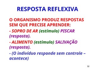 52
RESPOSTA REFLEXIVA
O ORGANISMO PRODUZ RESPOSTAS
SEM QUE PRECISE APRENDER:
- SOPRO DE AR (estímulo) PISCAR
(resposta).
- ALIMENTO (estímulo) SALIVAÇÃO
(resposta).
- (O indivíduo responde sem controle –
acontece)
 