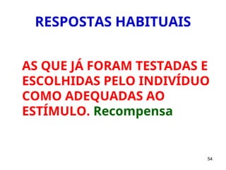 54
RESPOSTAS HABITUAIS
AS QUE JÁ FORAM TESTADAS E
ESCOLHIDAS PELO INDIVÍDUO
COMO ADEQUADAS AO
ESTÍMULO. Recompensa
 