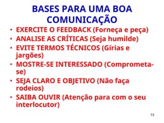 73
BASES PARA UMA BOA
COMUNICAÇÃO
• EXERCITE O FEEDBACK (Forneça e peça)
• ANALISE AS CRÍTICAS (Seja humilde)
• EVITE TERMOS TÉCNICOS (Gírias e
jargões)
• MOSTRE-SE INTERESSADO (Comprometa-
se)
• SEJA CLARO E OBJETIVO (Não faça
rodeios)
• SAIBA OUVIR (Atenção para com o seu
interlocutor)
 