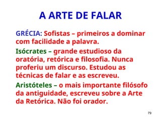 79
A ARTE DE FALAR
GRÉCIA: Sofistas – primeiros a dominar
com facilidade a palavra.
Isócrates – grande estudioso da
oratória, retórica e filosofia. Nunca
proferiu um discurso. Estudou as
técnicas de falar e as escreveu.
Aristóteles – o mais importante filósofo
da antiguidade, escreveu sobre a Arte
da Retórica. Não foi orador.
 
