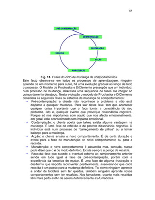 88
Fig. 11. Fases do ciclo de mudança de comportamentos.
Este facto observa-se em todos os processos de aprendizagem, ninguém
aprende de um momento para outro, há uma evolução gradual ao longo de todo
o processo. O Modelo de Prochaska e DiClemente pressupõe que um indivíduo,
num processo de mudança, atravessa uma sequência de fases até chegar ao
comportamento desejado. Nesta evolução o modelo de Prochaska e DiClemente
considera as seguintes fases ou estádios de mudança de comportamentos:
• Pré-contemplação: o cliente não reconhece o problema e não está
disposto a qualquer mudança. Para sair desta fase, tem que acontecer
qualquer coisa importante que o faça tomar a consciência do seu
problema, isto é, qualquer evento que provoque dissonância cognitiva.
Porque só nos importamos com aquilo que nos afecta emocionalmente,
em geral, este acontecimento tem impacto emocional.
• Contemplação: o cliente aceita que talvez exista alguma vantagem na
mudança. É uma fase de reflexão e de patente dissonância cognitiva. O
indivíduo está num processo de “carregamento de pilhas” ou a tomar
balanço para a mudança.
• Acção: o cliente ensaia o novo comportamento. É de curta duração e
evolui para a fase de manutenção do novo comportamento ou para a
recaída.
• Manutenção: o novo comportamento é assumido mas, contudo, nunca
pode dizer que o é de modo definitivo. Existe sempre o perigo da recaída.
• Recaída: fase que sucede a eventual retorno ao comportamento anterior
sendo em tudo igual à fase da pré-contemplação, porém com a
experiência da tentativa de mudar. É uma fase de alguma frustração e
desânimo que importa reconverter positivamente, asseverando que cada
recaída é um passo para a mudança definitiva. Tal como ninguém aprende
a andar de bicicleta sem ter quedas, também ninguém aprende novos
comportamentos sem ter recaídas. Nos fumadores, quanto mais recaídas
têm mais perto estão de serem definitivamente ex-fumadores.
 