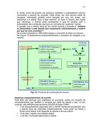 137
É, ainda, muito útil quando nos sentimos “perdidos” e pretendemos retomar
novamente o espírito da consulta. Pode ainda, ser uma técnica subtil de
recuperar informação perdida numa situação em que, por acaso, nos
distraímos e o cliente “ficou a falar sozinho”; ao fazer o resumo com aquilo
que retivemos, o doente pode acrescentar o que foi perdido sem o
entrevistador dar a entender que teve um momento de “ausência” mental.
A questão que o médico deve ter em mente durante a consulta é: “poderei
eu demonstrar a este doente que compreendi suficientemente o motivo
por que me veio consultar?”.
Se a nossa resposta é o SIM então chegou o momento de fazer um resumo.
Na Figura 15 apresenta-se esquematicamente o processo de chegada a um
resumo.
Fig. 15. Processo de construção do resumo.
Aspectos comportamentais do ouvinte
Para além das técnicas que acabámos de enumerar, existe um conjunto de
comportamentos que facilitam a narrativa por parte do doente e que, no seu
conjunto, são definidos pelo acrónimo SOLER de Egan (1990):
• S de enquadramento (squarely) com o cliente. Sentar-se enquadrado com
o doente deve ser entendido metaforicamente. Tanto pode ser frente a
frente como lateral, tudo depende do doente e da sua cultura.
• O de open, manter uma relação aberta.
• L de lean, inclinação ligeira para o cliente.
ATENÇÃO à linguagem
verbal e aos sinais
mínimos não-verbais
SELECCIONAR
informação clínica,
pensamentos e
sentimentos do doente
TRADUÇÃO para a
linguagem “médica”
INFORMAÇÃO
suficiente para
continuar?
RESUMO
na linguagem do doente
Resumo aceite?
NÃO
SIM
FASE DE
MANEJO
NÃO
LINGUAGEM
“MÉDICA”
LINGUAGEM
VERNÁCULA
SIM
 