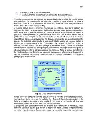 138
• E de eye, contacto visual adequado.
• R de relax, manter e incentivar um ambiente de descontracção.
O conjunto sequencial constituído por pergunta aberta seguida de escuta activa
que culmina com a utilização de resumo, constitui a trave mestra de toda a
entrevista clínica particularmente se bem enquadradas com comportamentos
facilitadores da narrativa (Figura 16).
A escuta activa exige a mínima intervenção do médico, que deve aplicar as
técnicas de apoio narrativo, como facilitações verbais e não verbais, repetições,
silêncios e outras que incentivem o doente a contar a sua história tal como a
preparou. Neste processo, o grande risco é o médico, com a ânsia de resolver o
problema e de chegar ao fim da consulta, poder interferir com a narrativa
espontânea do doente, provocando-lhe desvios em relação ao que ele realmente
pensa. Se o clínico não modular a sua reactividade sujeita-se a nunca saber a
história tal como o doente a viu. Com efeito, na colheita da história clínica, o
médico funciona como um antropólogo e, de certo modo, utiliza um método
observacional próximo do antropológico, ao interferir na própria narrativa para a
observar ele deve ter a consciência que só por esse facto já está a transformá-
la. Neste sentido, ele deve tomar todas as precauções, tal como o antropólogo o
faz, de minimizar os efeitos modificadores do objecto observado provocados
pela própria observação.
Fig. 16. Ciclo da relação clínica.
Estes ciclos de pergunta aberta, escuta activa e resumo (para efeitos práticos,
vamos designá-los de ciclos de colheita de informação) repetem-se ao longo de
toda a entrevista levando a uma evolução em espiral da relação clínica, em
direcção aos objectivos estabelecidos para a consulta.
A propósito dos comportamentos do médico que estimulam a narrativa, cabe
também salientar alguns que inibem o doente de falar. Destes comportamentos
os mais evidentes são a desatenção, frieza no contacto e conduta controladora,
CONTACTO VISUAL
CONFORTO
E
M
P
A
T
I
A
D
I
S
T
Â
N
C
I
A
Perguntas
abertas
Escuta
activa
Resumo
 