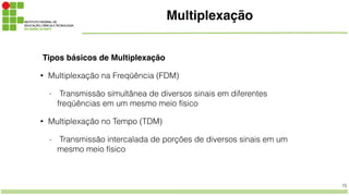 15
Multiplexação
Tipos básicos de Multiplexação!
• Multiplexação na Freqüência (FDM)
- Transmissão simultânea de diversos sinais em diferentes
freqüências em um mesmo meio físico
• Multiplexação no Tempo (TDM)
- Transmissão intercalada de porções de diversos sinais em um
mesmo meio físico
 