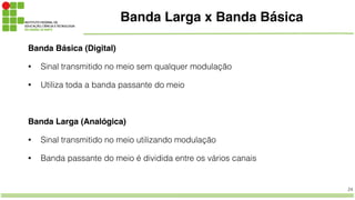 24
Banda Larga x Banda Básica
Banda Básica (Digital)!
• Sinal transmitido no meio sem qualquer modulação
• Utiliza toda a banda passante do meio
!
Banda Larga (Analógica)!
• Sinal transmitido no meio utilizando modulação
• Banda passante do meio é dividida entre os vários canais
 