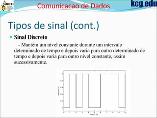 Tipos de sinal (cont.) Sinal Discreto -  Mantém um nível constante durante um intervalo determinado de tempo e depois varia para outro determinado de tempo e depois varia para outro nível constante, assim sucessivamente. Comunicacao de Dados 