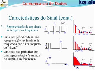 Características do Sinal (cont.) Um sinal periódico tem uma representação no domínio da frequência que é um conjunto de “riscas” Um sinal não periódico tem uma representação “contínua” no domínio da frequência Representação de um sinais  no tempo e na frequência Comunicacao de Dados 