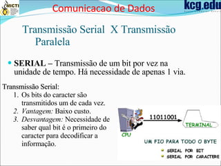 SERIAL –  Transmissão de um bit por vez na unidade de tempo. Há necessidade de apenas 1 via. Transmissão Serial:   Os bits do caracter são transmitidos um de cada vez. Vantagem:   Baixo custo. Desvantagem:  Necessidade de  saber qual bit é o primeiro do caracter para decodificar a informação . Transmissão Serial  X Transmissão Paralela Comunicacao de Dados 