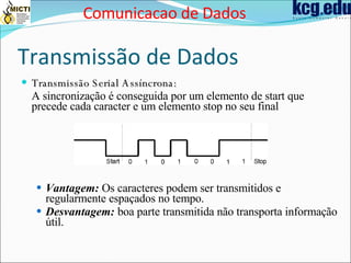 Transmissão de Dados Transmissão Serial Assíncrona: A sincronização é conseguida por um elemento de start que precede cada caracter e um elemento stop no seu final Vantagem:  O s caracteres podem ser transmitidos e regularmente espaçados no tempo. Desvantagem:  boa parte transmitida não transporta informação útil . Comunicacao de Dados 