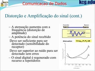 Distorção e Amplificação do sinal (cont.) –  A atenuação aumenta com a frequência (distorção de amplitude) –  A potência do sinal recebido Deve ser suficiente para ser detectado (sensibilidade do receptor) Deve ser superior ao ruído para ser detectado sem erros –  O sinal digital é regenerado com recurso a repetidores Comunicacao de Dados 