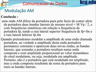 Modulação AM Conclusão : uma onda AM difere da portadora pura pelo facto de conter além da portadora duas bandas laterais de mesmo nível = M Vp / 2, e com frequências simétricas em relação a frequência da portadora fp, tendo a raia lateral superior frequência de fp+fm e a raia lateral inferior fp-fm   Quando pretendemos modular a amplitude de uma onda chamada portadora, na verdade a amplitude desta onda portadora permanece constante e aparecem duas novas ondas, as bandas laterais, que somadas a portadora resultam numa onda composta e com amplitude proporcional ao valor instantâneo do sinal modulante, ou seja, modulada em amplitude.  Portanto, não é a portadora que está modulada em amplitude, mas a onda composta resultante da soma da portadora pura mais as bandas laterais.   Comunicacao de Dados 