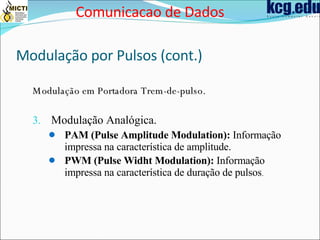 Modulação por Pulsos (cont.) Modulação em Portadora Trem-de-pulso. Modulação Analógica. PAM (Pulse Amplitude Modulation):  Informação impressa na característica de amplitude. PWM (Pulse Widht Modulation):  Informação impressa na característica de duração de pulsos . Comunicacao de Dados 