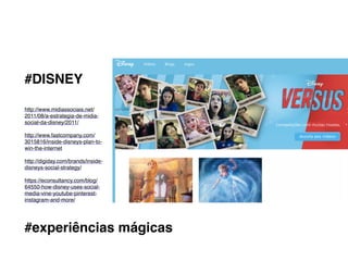 #DISNEY
http://www.midiassociais.net/
2011/08/a-estrategia-de-midia-
social-da-disney/2011/!
!
http://www.fastcompany.com/
3015816/inside-disneys-plan-to-
win-the-internet!
!
http://digiday.com/brands/inside-
disneys-social-strategy/!
!
https://econsultancy.com/blog/
64550-how-disney-uses-social-
media-vine-youtube-pinterest-
instagram-and-more/!
!
!
#experiências mágicas
 
