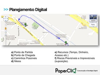 >> Planejamento Digital




   a) Ponto de Partida     e) Recursos (Tempo, Dinheiro,
   b) Ponto de Chegada     Acesso etc.)
   c) Caminhos Possíveis   f) Riscos Previsíveis e Imprevisíveis
   d) Meios                (suposição).
 