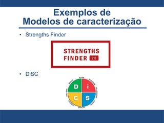 Exemplos de
Modelos de caracterização
• Strengths Finder
• DiSC
 