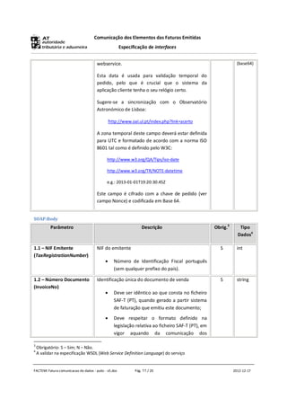 Comunicação dos Elementos das Faturas Emitidas
                                                      Especificação de interfaces


                                      webservice.                                                             (base64)

                                      Esta data é usada para validação temporal do
                                      pedido, pelo que é crucial que o sistema da
                                      aplicação cliente tenha o seu relógio certo.

                                      Sugere-se a sincronização com o Observatório
                                      Astronómico de Lisboa:

                                               h ttp://www.oal.ul.pt/index.php?link=acerto

                                      A zona temporal deste campo deverá estar definida
                                      para UTC e formatado de acordo com a norma ISO
                                      8601 tal como é definido pelo W3C:

                                            http://www.w3.org/QA/Tips/iso-date

                                            http://www.w3.org/TR/NOTE-datetime

                                            e.g.: 2013-01-01T19:20:30.45Z

                                      Este campo é cifrado com a chave de pedido (ver
                                      campo Nonce) e codificada em Base 64.


SOAP:Body
           Parâmetro                                             Descrição                        Obrig.3      Tipo
                                                                                                              Dados4

1.1 – NIF Emitente                    NIF do emitente                                               S         int
(TaxRegistrationNumber)
                                                Número de Identificação Fiscal português
                                                 (sem qualquer prefixo do país).

1.2 – Número Documento                Identificação única do documento de venda                     S         string
(InvoiceNo)
                                                Deve ser idêntico ao que consta no ficheiro
                                                 SAF-T (PT), quando gerado a partir sistema
                                                 de faturação que emitiu este documento;
                                                Deve respeitar o formato definido na
                                                 legislação relativa ao ficheiro SAF-T (PT), em
                                                 vigor aquando da comunicação dos

3
    Obrigatório: S – Sim; N – Não.
4
    A validar na especificação WSDL (Web Service Definition Language) do serviço


FACTEMI Fatura comunicacao de dados - pubc - v5.doc          Pág. 11 / 20                                   2012-12-17
 