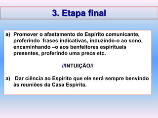 a) Promover o afastamento do Espírito comunicante,
proferindo frases indicativas, induzindo-o ao sono,
encaminhando –o aos benfeitores espirituais
presentes, proferindo uma prece etc.
//INTUIÇÃO//
a) Dar ciência ao Espírito que ele será sempre benvindo
às reuniões da Casa Espírita.
3. Etapa final
 
